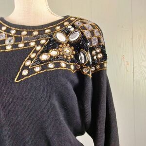Vitage 80s 90s Lindsey Blake Women Small Black Beading Jewels Glam Holiday Fancy